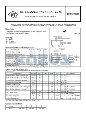 DMBT1015 datasheet - TECHNICAL SPECIFICATIONS OF PNP EPITAXIAL PLANAR TRANSISTOR