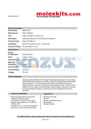 75003-0010 datasheet - High Speed Mezzanine Gold Plug and Receptacle