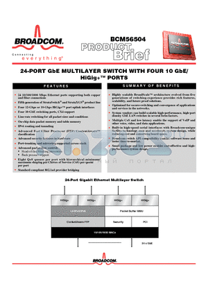 BCM56504 datasheet - 24-PORT GbE MULTILAYER SWITCH WITH FOUR 10 GbE/HiGigPORTS