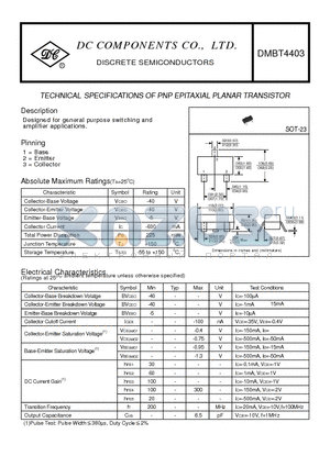DMBT4403 datasheet - TECHNICAL SPECIFICATIONS OF PNP EPITAXIAL PLANAR TRANSISTOR