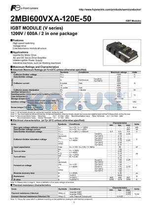 2MBI600VXA-120E-50 datasheet - IGBT MODULE (V series) 1200V / 600A / 2 in one package