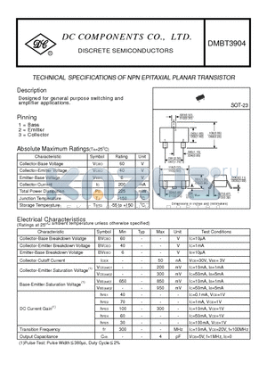 DMBT3904 datasheet - TECHNICAL SPECIFICATIONS OF NPN EPITAXIAL PLANAR TRANSISTOR