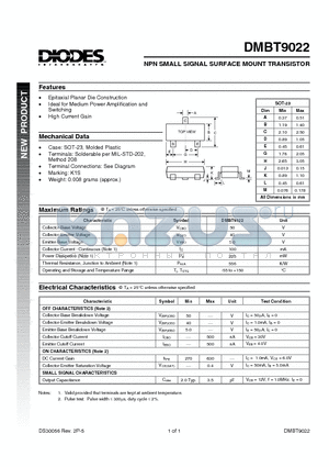 DMBT9022 datasheet - NPN SMALL SIGNAL SURFACE MOUNT TRANSISTOR