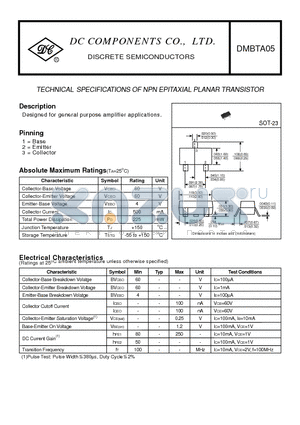 DMBTA05 datasheet - TECHNICAL SPECIFICATIONS OF NPN EPITAXIAL PLANAR TRANSISTOR