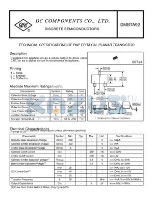 DMBTA92 datasheet - TECHNICAL SPECIFICATIONS OF PNP EPITAXIAL PLANAR TRANSISTOR