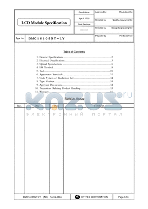 DMC16105NY-LY datasheet - LCD Module Specification