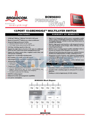 BCM56803 datasheet - 12-PORT 10-GBE/HIGIG2 MULTILAYER SWITCH