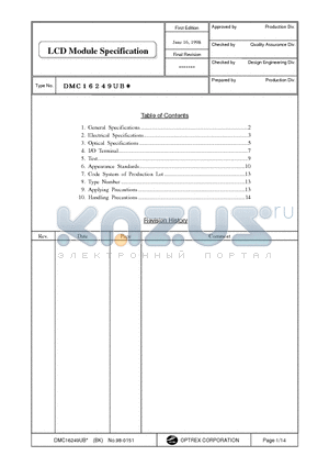 DMC16249 datasheet - LCD Module Specification