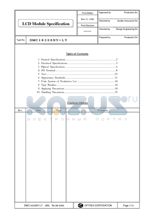 DMC16205NY-LY datasheet - LCD Module Specification