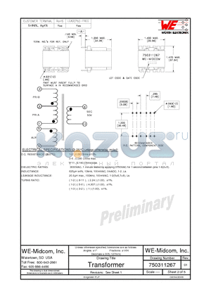 750311267 datasheet - TRANSFORMER