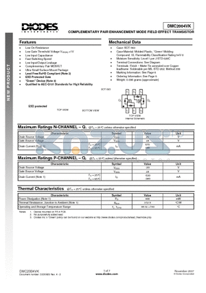 DMC2004VK-7 datasheet - COMPLEMENTARY PAIR ENHANCEMENT MODE FIELD EFFECT TRANSISTOR