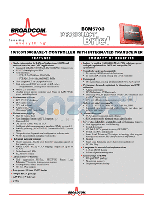 BCM5703 datasheet - 10/100/1000BASE-T CONTROLLER WITH INTEGRATED TRANSCEIVER