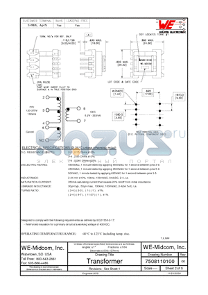 7508110100 datasheet - Transformer