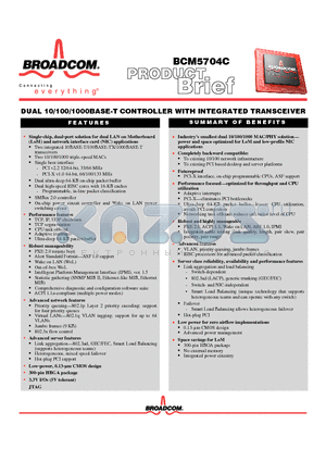 BCM5704C datasheet - DUAL 10/100/1000BASE-T CONTROLLER WITH INTEGRATED TRANSCEIVER
