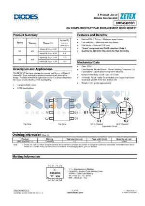 DMC4040SSD datasheet - 40V COMPLEMENTARY PAIR ENHANCEMENT MODE MOSFET