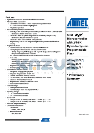ATTINY45/V datasheet - 8-bit Microcontroller with 2/4/8K Bytes In-System Programmable Flash