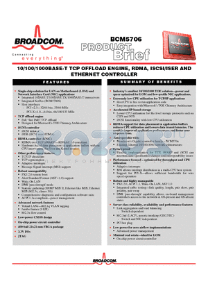 BCM5706 datasheet - 10/100/1000BASE-T TCP OFFLOAD ENGINE, RDMA, ISCSI/ISER AND ETHERNET CONTROLLER