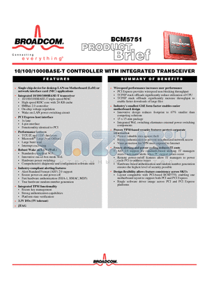 BCM5751 datasheet - 10/100/1000 BASE-T CONTROLLER WITH INTEGRATED TRANSCEIVER