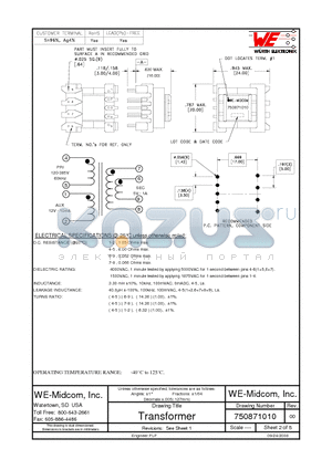 750871010 datasheet - TRANSFORMER