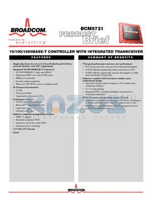 BCM5721 datasheet - 10/100/1000 BASE-T CONTROLLER WITH INTEGRATED TRANSCEIVER