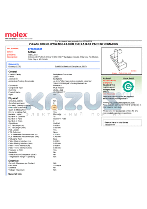 75088-5001 datasheet - 2.00mm (.079) Pitch 5-Row VHDM-HSD Backplane Header, Polarizing Pin Module, Code Key A, 40 Circuits