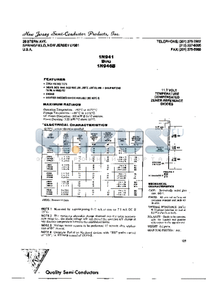 1N945 datasheet - 11.7 VOLT TEMPERATURE COMPENSATED ZENER REFERENCE DIODES