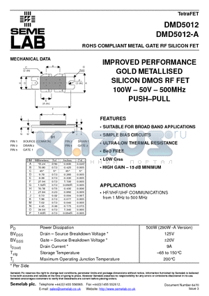 DMD5012-A datasheet - IMPROVED PERFORMANCE GOLD METALLISED SILICON DMOS RF FET 100W - 50V - 500MHz PUSH-PULL
