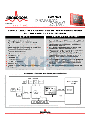 BCM7501 datasheet - SINGLE LINK DVI TRANSMITTER WITH HIGH-BANDWIDTH DIGITAL CONTENT PROTECTION