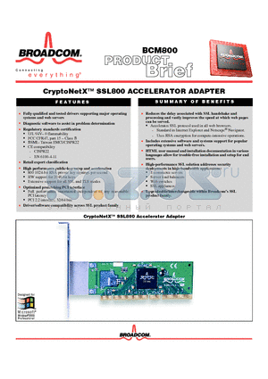 BCM800 datasheet - CryptoNetX-TM SSL800 ACCELERATOR ADAPTER