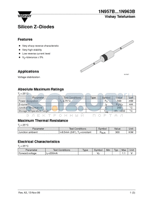 1N957B datasheet - Silicon Z-Diodes