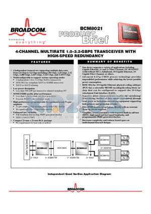 BCM8021 datasheet - 4 CHANNEL MULTIRATE 1.0-3.2 GBPS TRANSCEIVER WITH HIGH SPEED REDUNDANCY