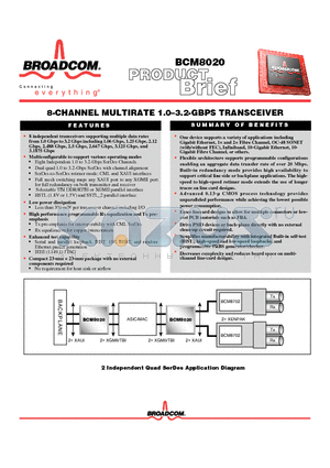 BCM8020 datasheet - 8-CHANNEL MULTIRATE 1.0-3.2-GBPS TRANSCEIVER