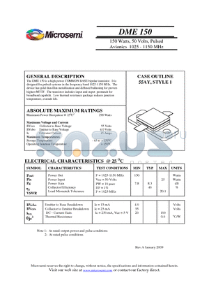 DME150 datasheet - 150 Watts, 50 Volts, Pulsed Avionics 1025 - 1150 MHz