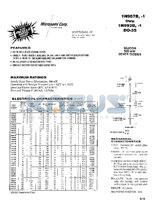 1N957B datasheet - SILICON 500 mW ZENER DIODES