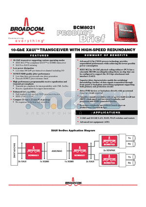 BCM8021 datasheet - 10-GbE XAUI TRANSCEIVER WITH HIGH-SPEED REDUNDANCY