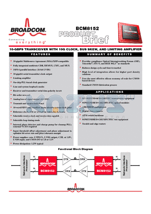 BCM8152 datasheet - 10-GBPS TRANSCEIVER WITH 10G CLOCK, BUS SKEW, AND LIMITING AMPLIFIER