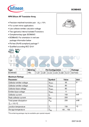 BCM846S datasheet - NPN Silicon AF Transistor Array