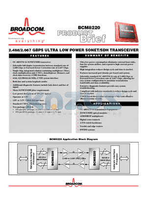 BCM8220 datasheet - 2.488/ 2.667 GBPS ULTRA LOW POWE SONET/SDH TRANSCEIVER