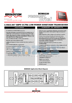 BCM8220 datasheet - 2.488/2.667 GBPS ULTRA LOW POWER SONET/SDH TRANSCEIVER