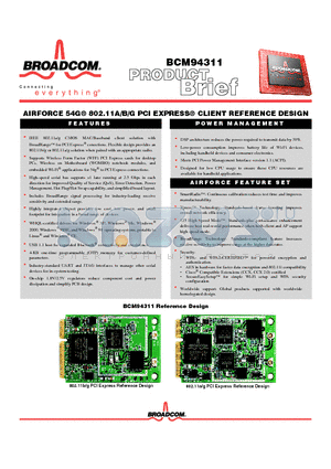 BCM94311 datasheet - AIRFORCE 54G 802.11A/B/G PCI EXPRESS CLIENT REFERENCE DESIGN