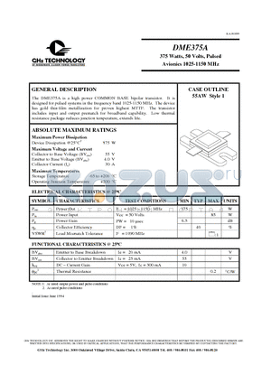 DME375A datasheet - 375 Watts, 50 Volts, Pulsed Avionics 1025-1150 MHz
