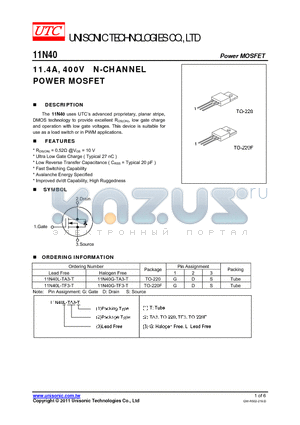 11N40G-TA3-T datasheet - 11.4A, 400V N-CHANNEL POWER MOSFET