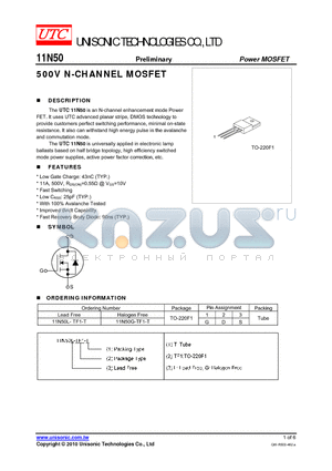 11N50G-TF1-T datasheet - 500V N-CHANNEL MOSFET