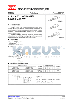 11N50G-TF3-T datasheet - 11A, 500V N-CHANNEL POWER MOSFET