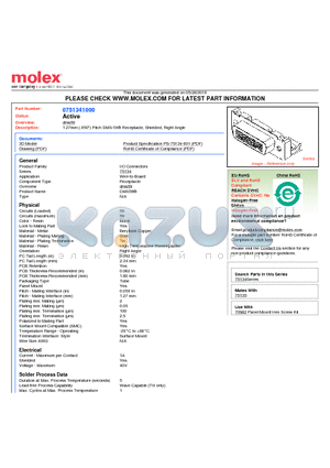 75134-1000 datasheet - 1.27mm (.050) Pitch DMS-59^ Receptacle, Shielded, Right Angle