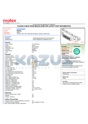 75134-1001 datasheet - 1.27mm (.050) Pitch DMS-59^ Receptacle, Shielded, Right Angle