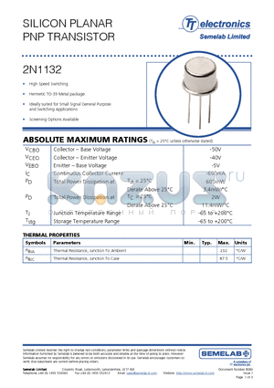 2N1132 datasheet - SILICON PLANAR PNP TRANSISTOR