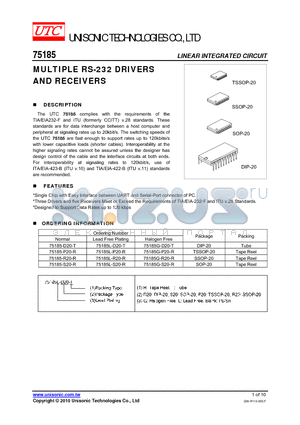 75185-D20-T datasheet - MULTIPLE RS-232 DRIVERS AND RECEIVERS