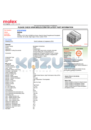 75187-0055 datasheet - 2.00mm (.079) Pitch VHDM^ Lite Series, Board-to-Board Daughtercard Receptacle Assembly, 60 Circuits, Right Angle, 6-Row, Custom 75189