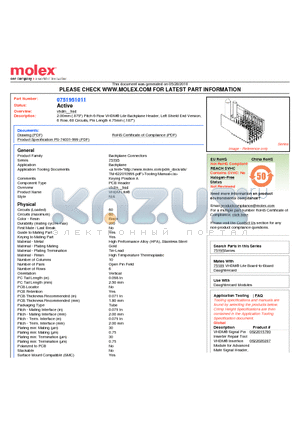 75195-1011 datasheet - 2.00mm (.079) Pitch 6-Row VHDM^ Lite Backplane Header, Left Shield End Version, 6 Row, 60 Circuits, Pin Length 4.75mm (.187)